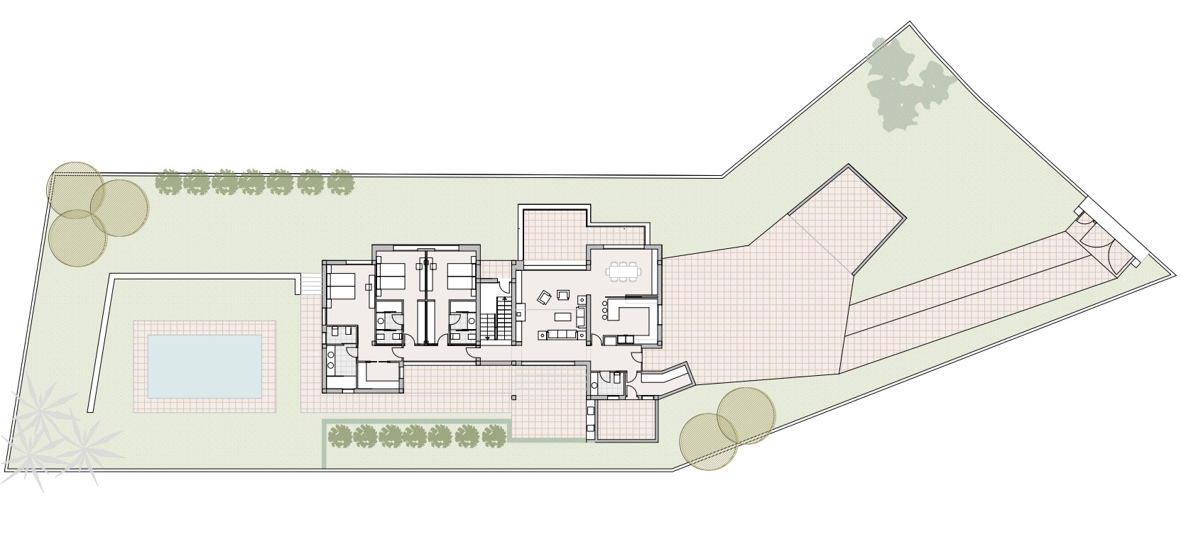 Plan détaillé du rez-de-chaussée et du terrain, illustrant la disposition des trois chambres en suite, du séjour, de la piscine et de la grande allée d'accès.