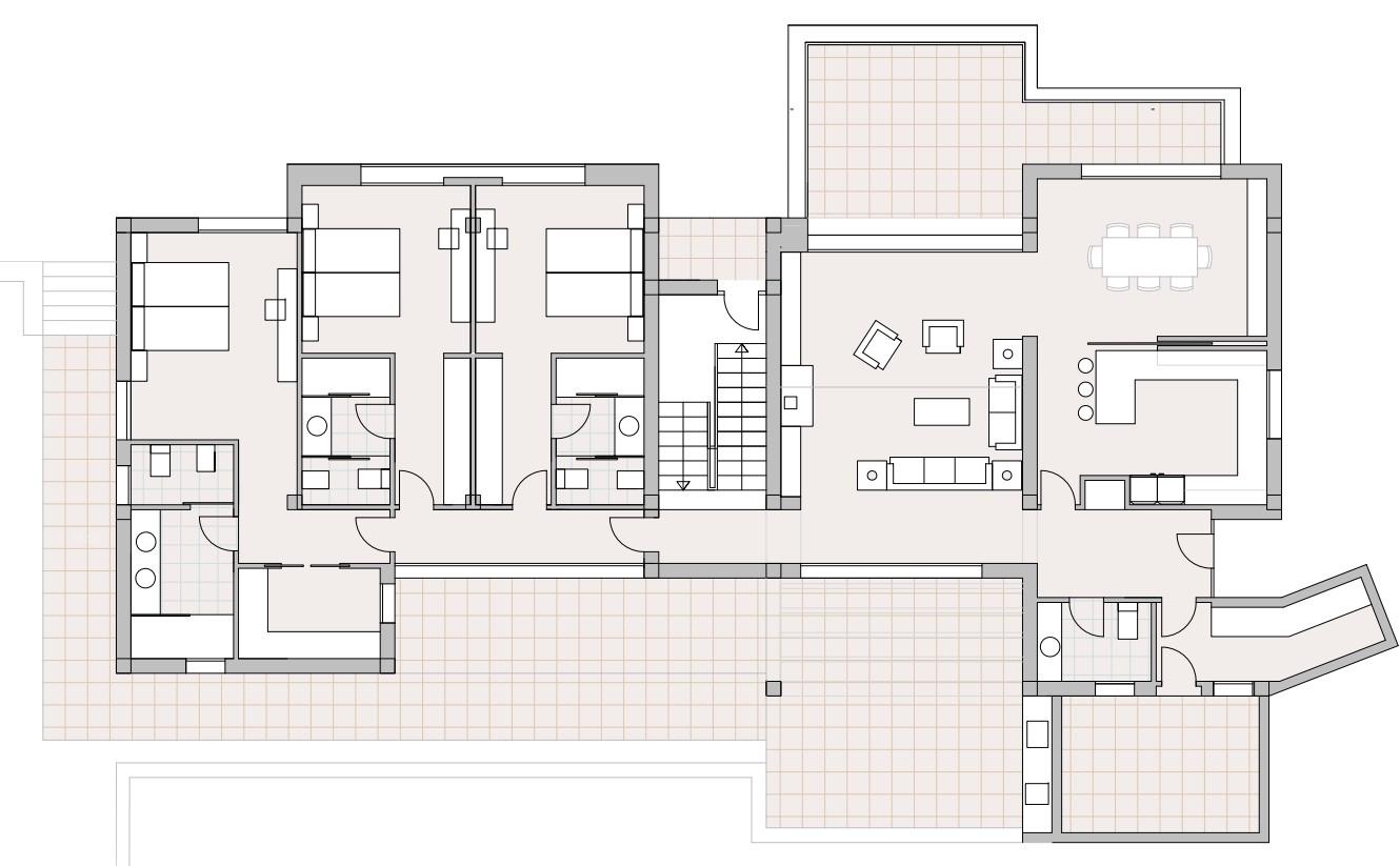 Plan détaillé du rez-de-chaussée montrant le salon-salle à manger ouvert, la cuisine intégrée, trois chambres avec salles de bains attenantes et de vastes terrasses.