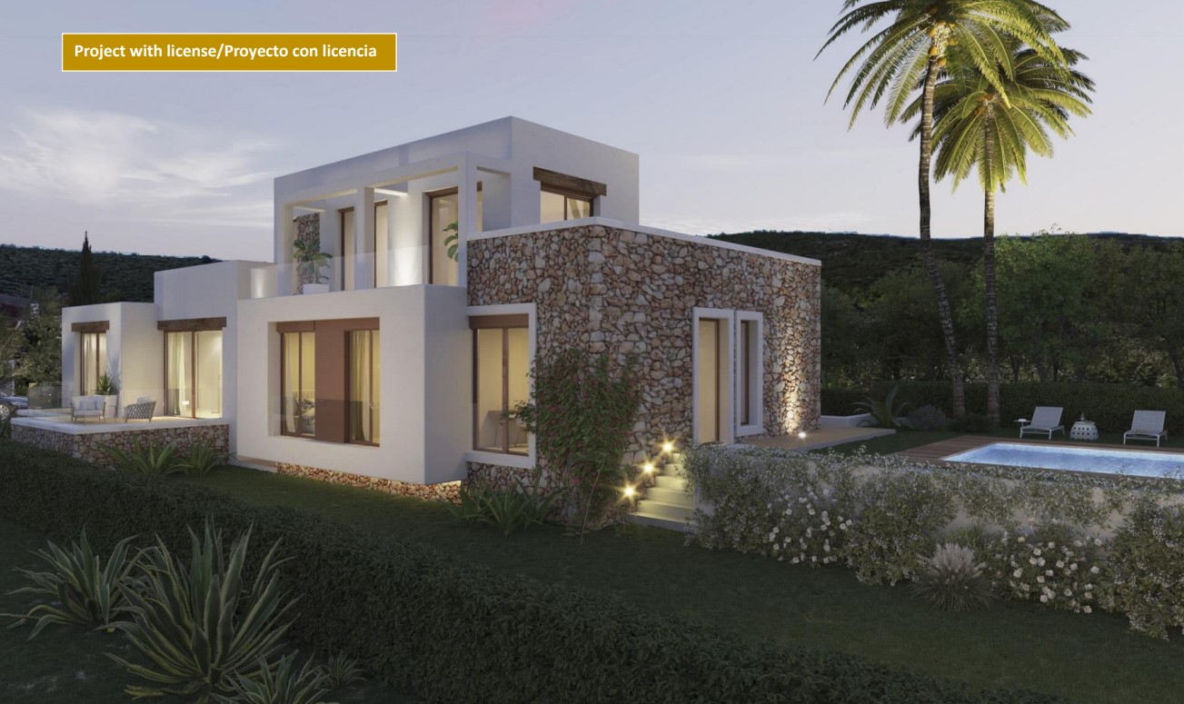 Vue extérieure de la villa alliant pierre naturelle et façades blanches, avec piscine éclairée, jardin paysager et terrasses à l'étage.