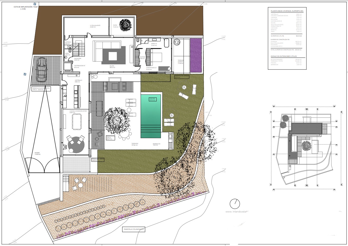 Plan architectural détaillé d'une villa avec piscine, terrasse et jardin méditerranéen.
