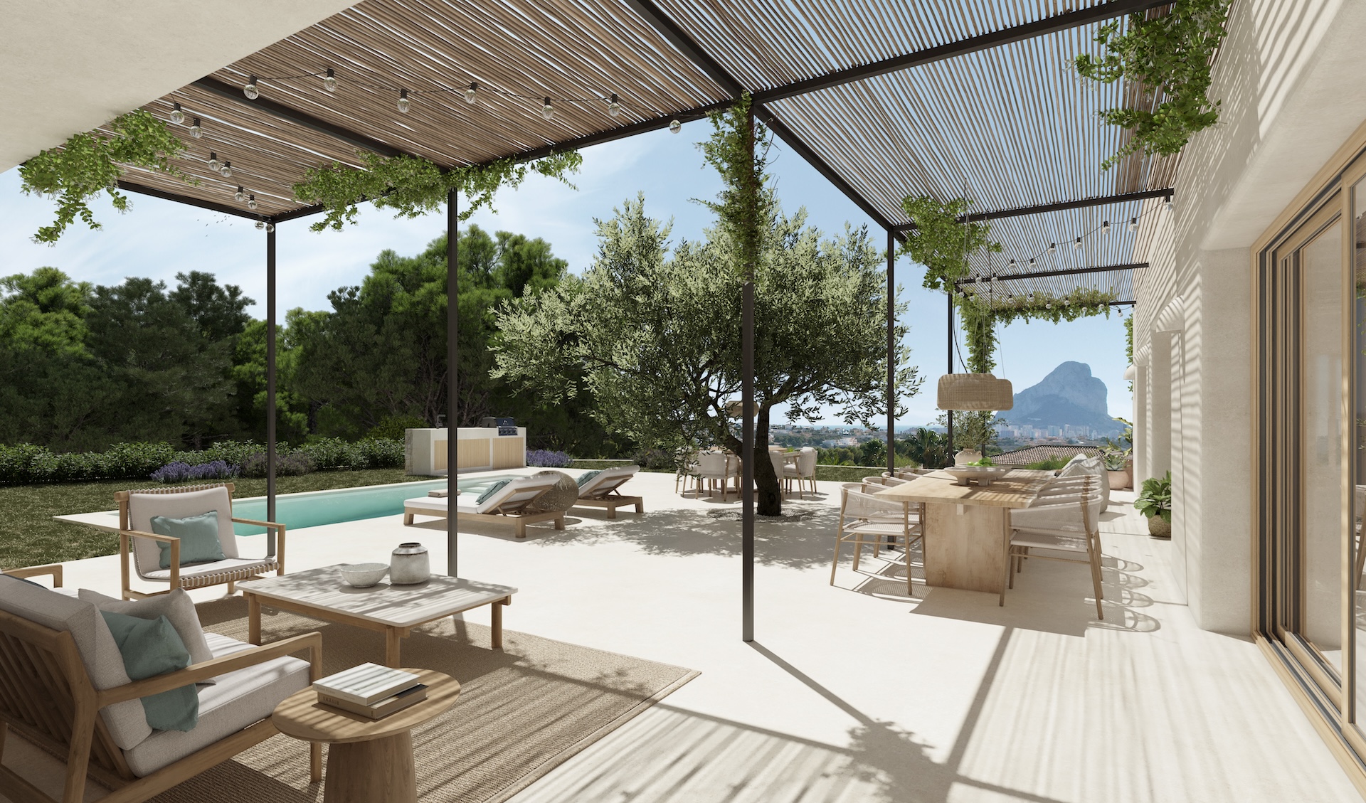 Terrasse couverte avec vue sur la piscine et le Peñón de Ifach. Mobilier d'extérieur et pergola végétalisée.