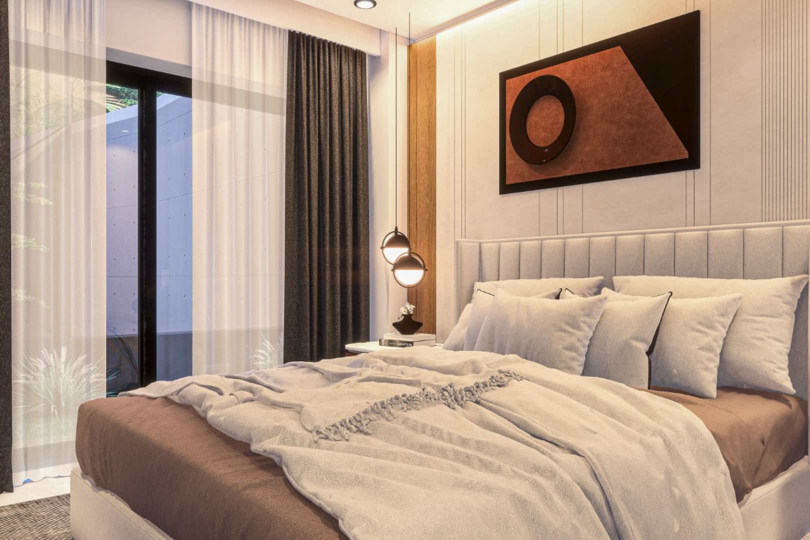 Chambre contemporaine avec tête de lit à surpiqûres verticales, suspensions sphériques et accès extérieur via de larges baies vitrées.