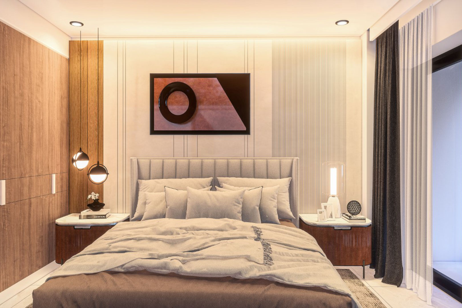 Chambre principale avec tête de lit rembourrée, boiseries intégrées et mur texturé. Comprend un éclairage suspendu moderne et des tables de chevet avec plateau en marbre.