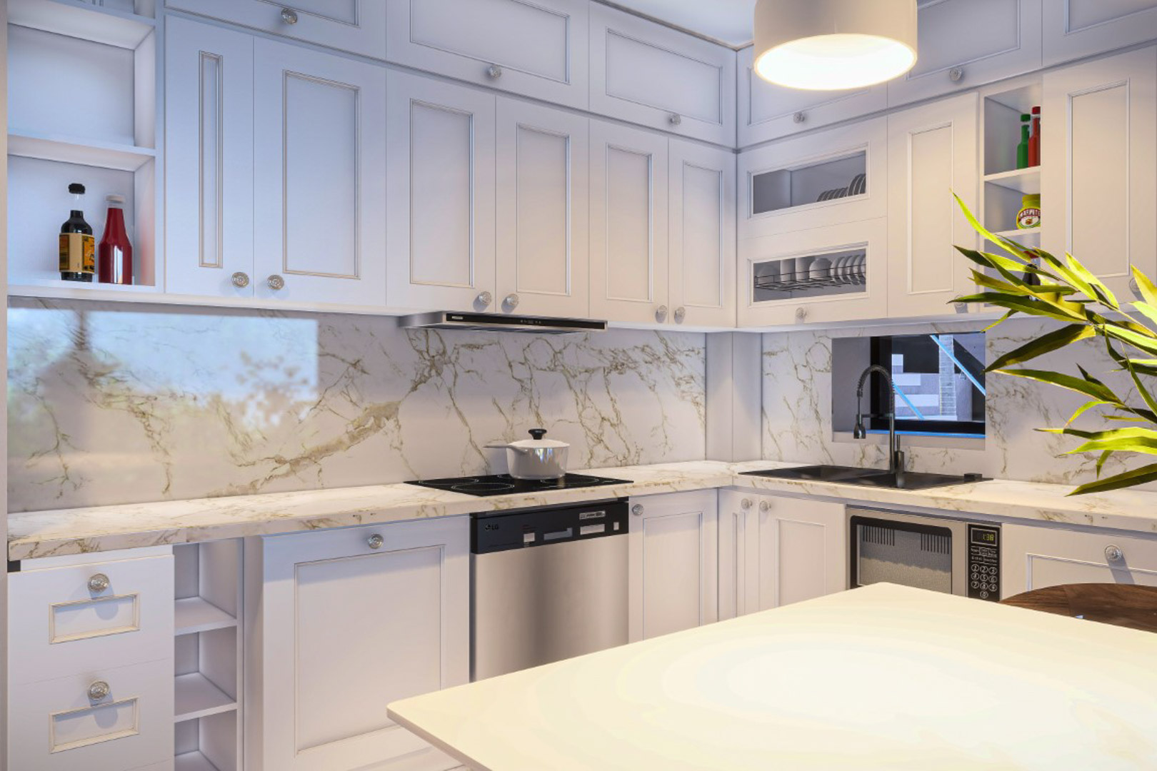 Cuisine moderne avec placards blancs, plans de travail en granit veiné et crédence assortie. Équipée d'un évier noir et d'appareils électroménagers intégrés.