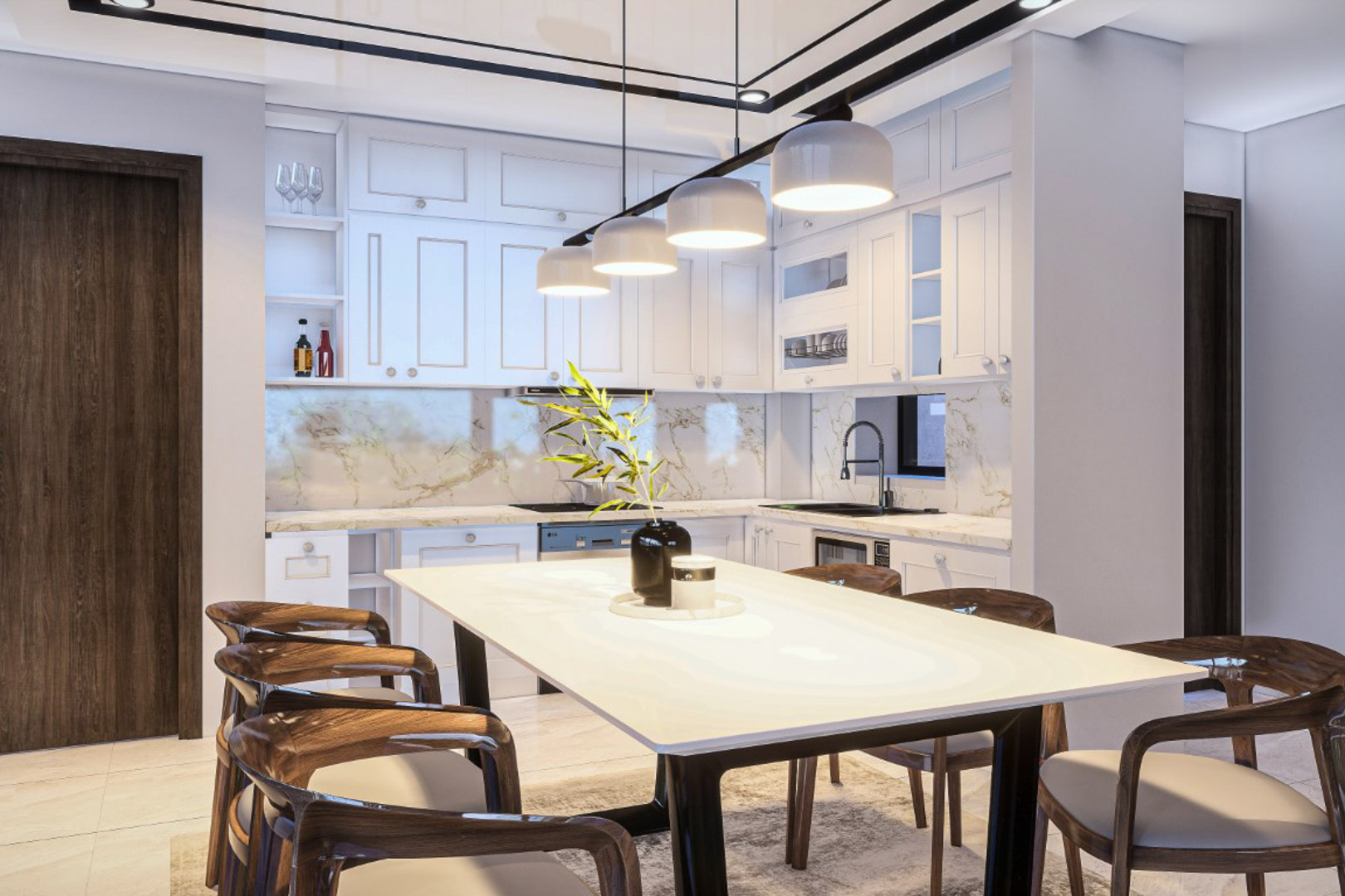 Cuisine ouverte avec placards blancs, plans de travail en pierre veinée et coin repas doté de chaises en bois design sous des luminaires suspendus modernes.