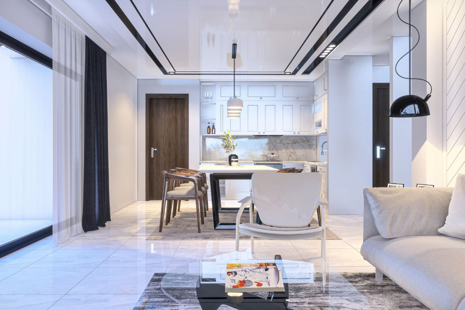 Espace de vie ouvert comprenant un salon élégant, une salle à manger et une cuisine équipée blanche avec crédence en marbre et éclairage moderne intégré.