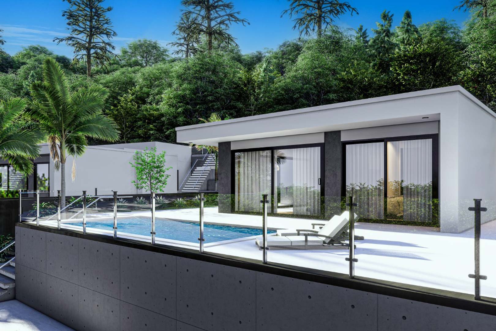 Façade moderne avec baies vitrées, terrasse blanche et piscine privée sécurisée par des garde-corps en verre, nichée dans un environnement verdoyant et paisible.