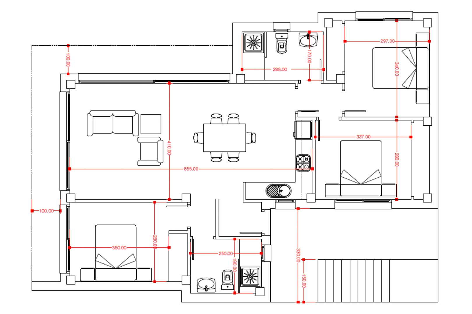 Plan technique détaillé de la villa montrant la disposition des trois chambres, deux salles de bains et un grand espace de vie ouvert avec cuisine et mesures précises.