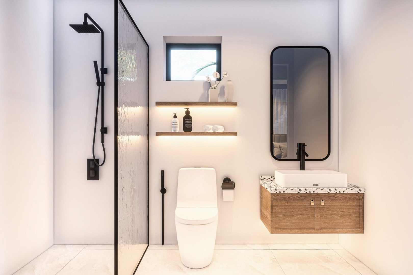 Salle de bain moderne avec douche à l'italienne, robinetterie noire, meuble vasque suspendu en bois et étagères rétroéclairées.