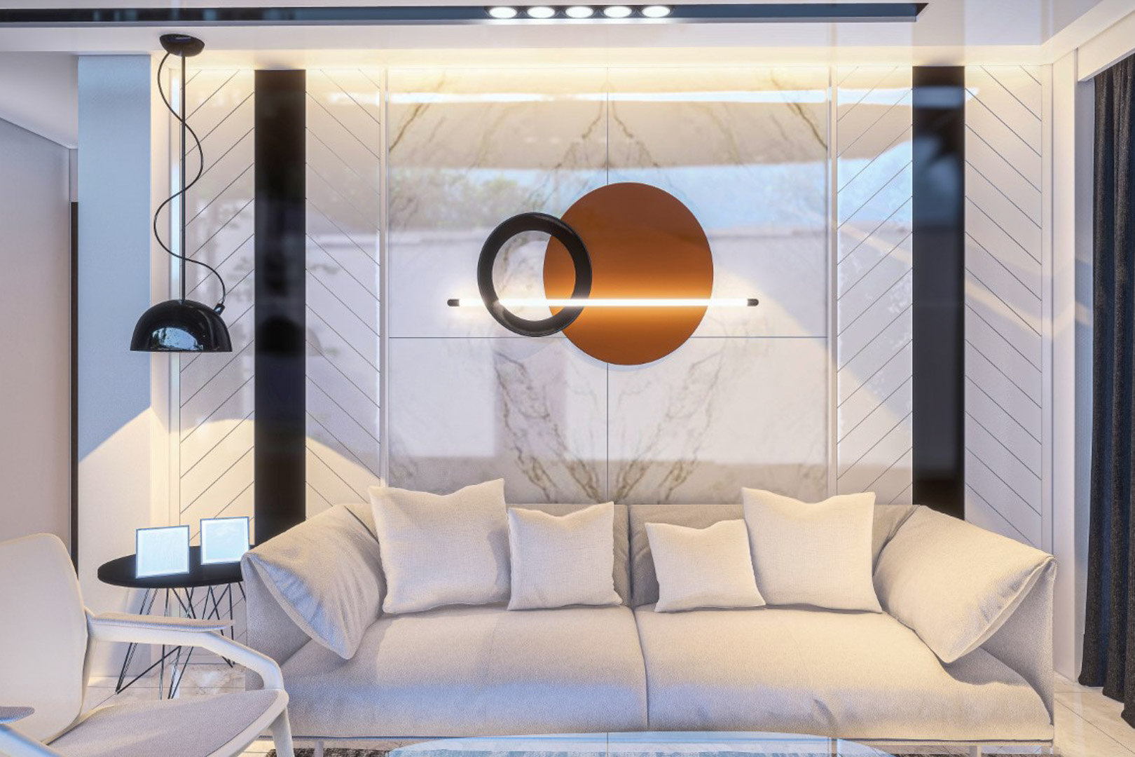 Salon avec canapé aux tons neutres et mur décoratif en marbre aux motifs géométriques. Un luminaire circulaire moderne et un éclairage encastré créent une ambiance élégante.
