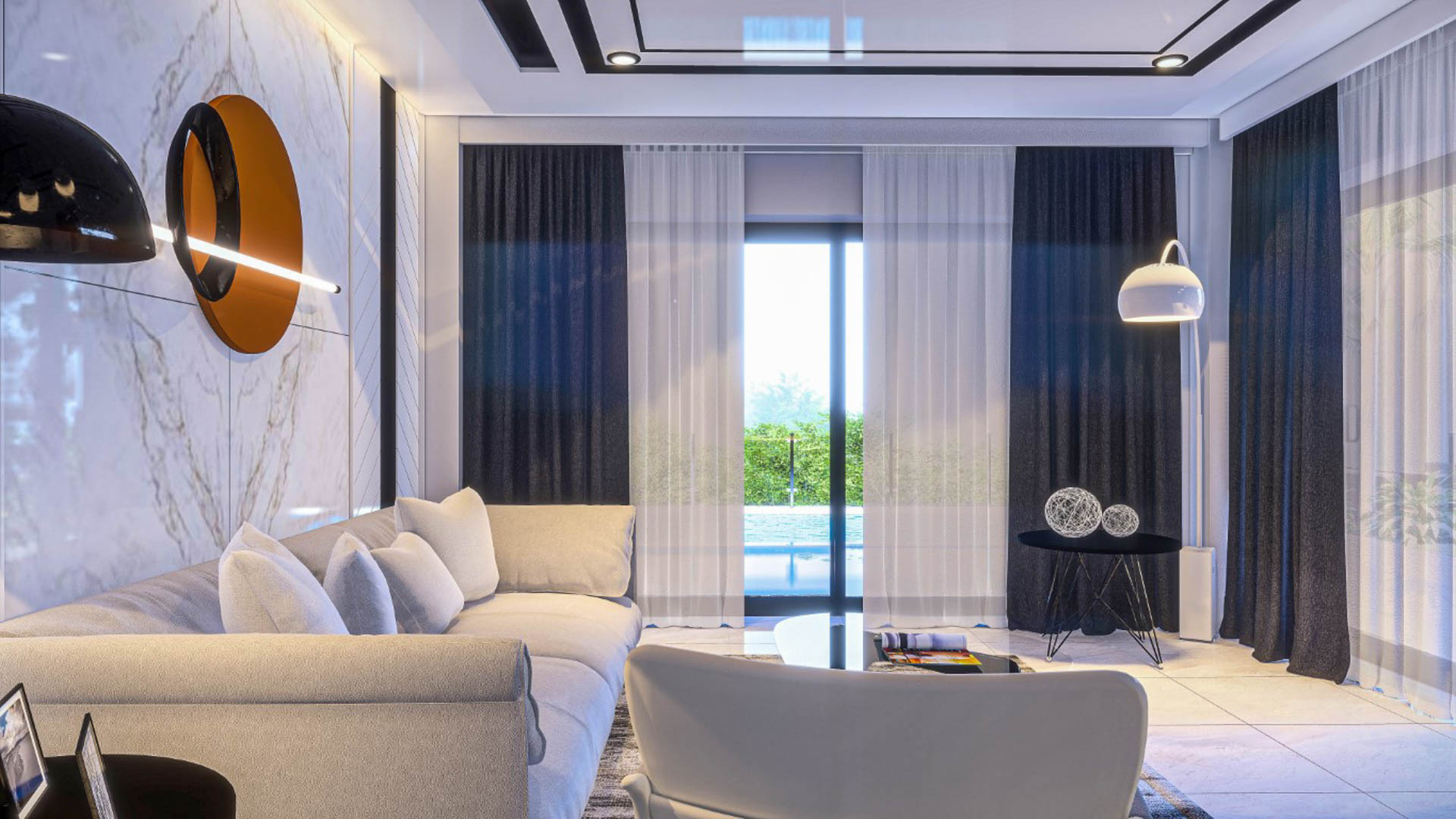 Salon contemporain avec canapés neutres, mur d'accent effet marbre et grandes baies vitrées offrant un accès direct à la piscine et au jardin méditerranéen.