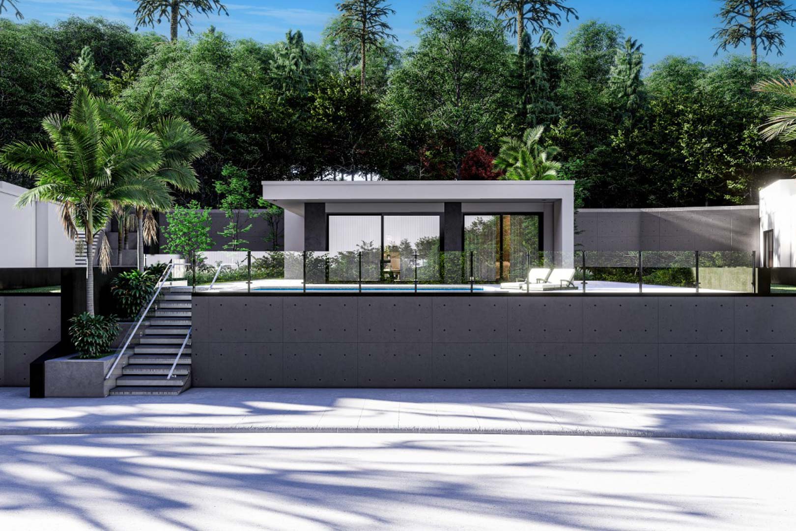 Vue extérieure de la villa moderne avec façade blanche et grise, présentant une piscine surélevée avec garde-corps en verre et un mur de soutènement en béton.