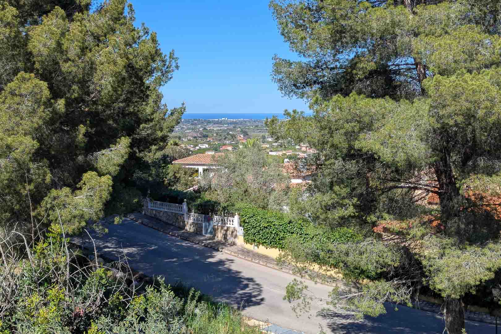 Vues panoramiques vers la côte depuis Monte Solana, encadrées par des pins matures, surplombant le quartier résidentiel et la mer Méditerranée.