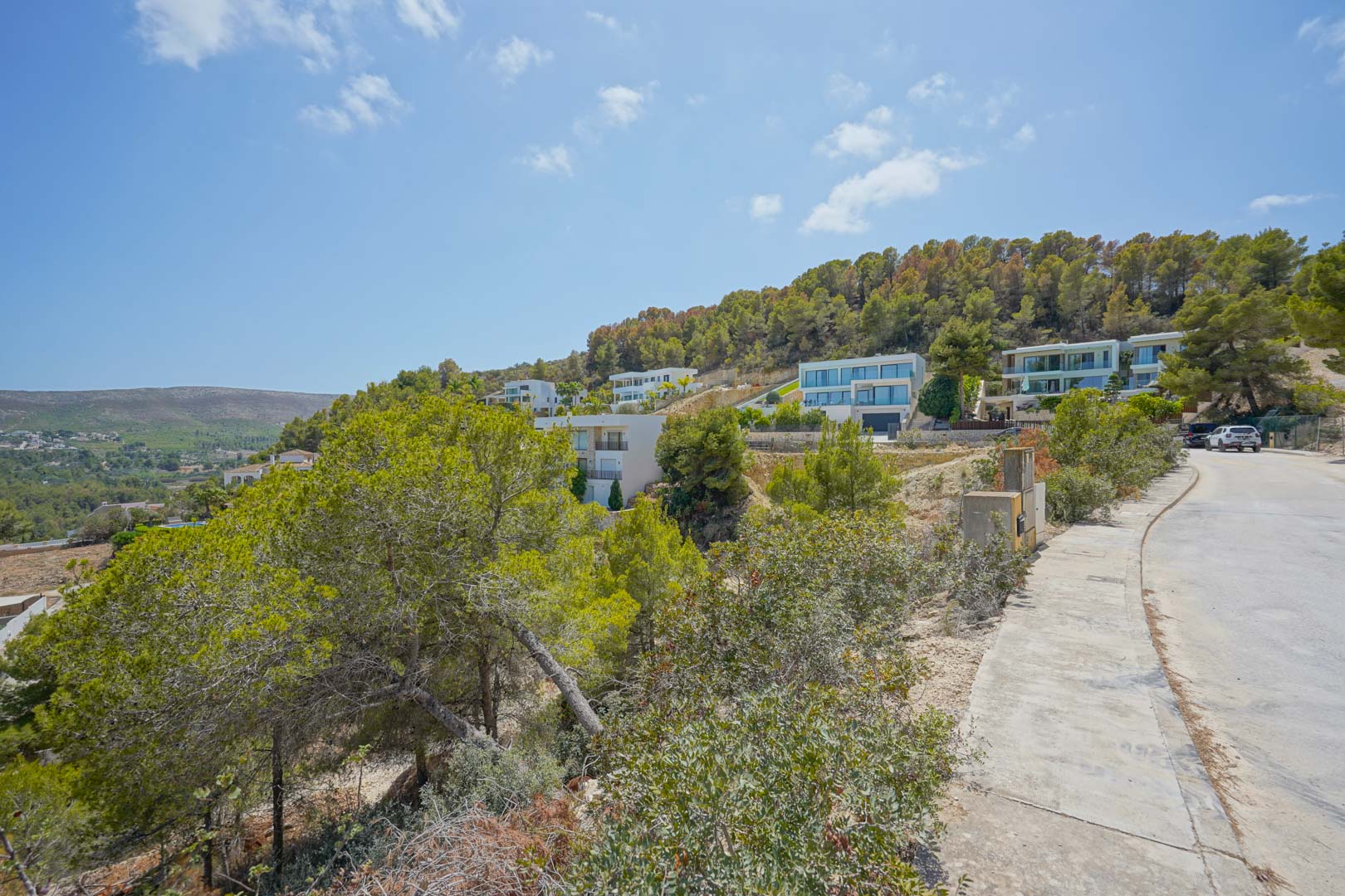 Route d'accès pavée dans un lotissement moderne avec des villas contemporaines nichées sur une colline boisée de pins.