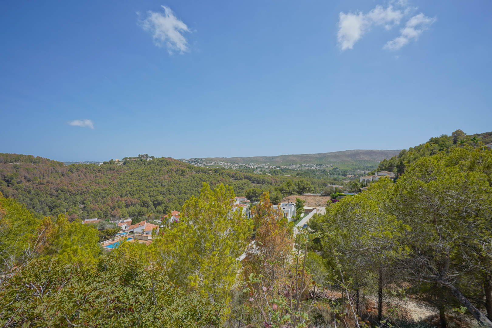 Vue panoramique surélevée sur une vallée verdoyante de pins méditerranéens, parsemée de villas blanches avec piscines et de collines lointaines à l'horizon.