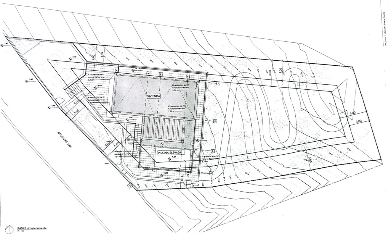 Plan de masse technique détaillant l'implantation de la villa et de la piscine surélevée, incluant les courbes de niveau et l'accès depuis la rue Begonias.