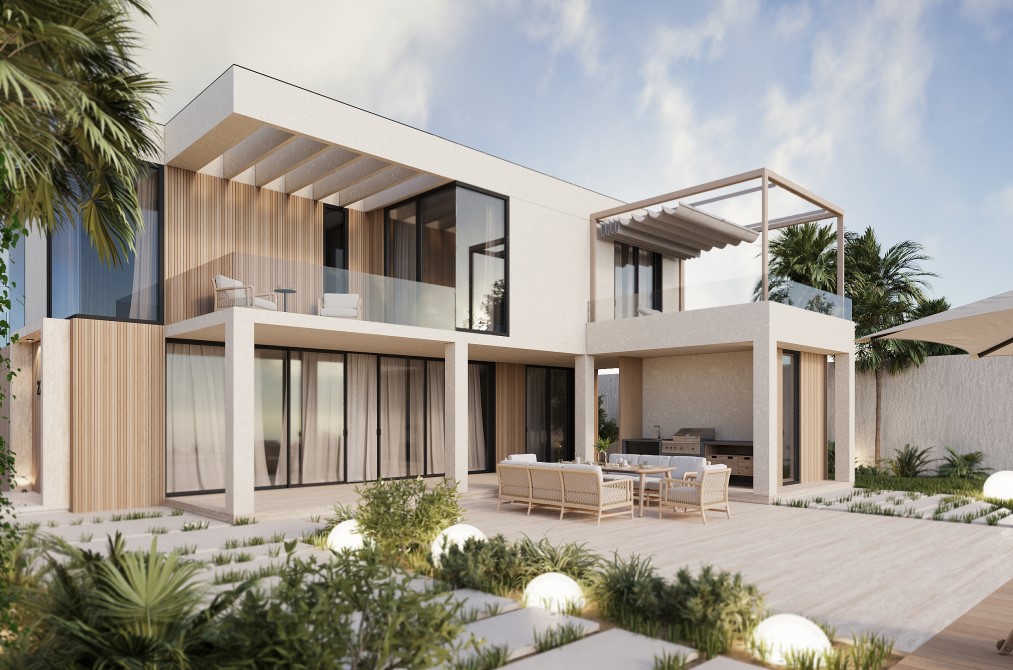 Extérieur moderne avec terrasse et jardin paysager avec éclairage d'ambiance.