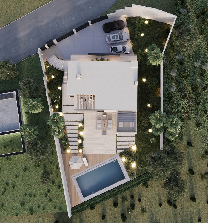 Vue aérienne d'une villa moderne avec piscine, terrasse en bois et parking privé à Calpe.