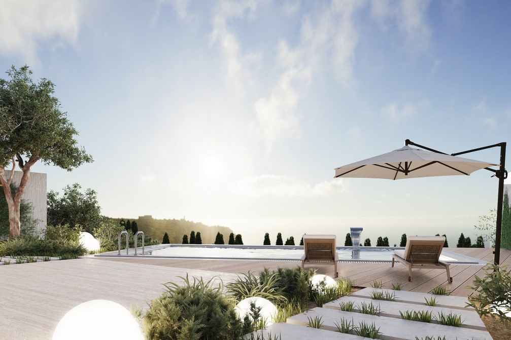 Vue de la piscine avec chaises longues et parasol, entourée de verdure méditerranéenne et d'éclairage sphérique ambiant.