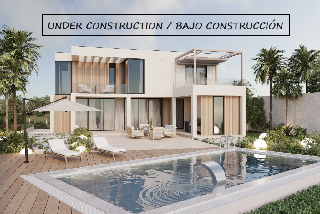 Vue de la villa à Calpe avec piscine, chaises longues et salle à manger extérieure. Design moderne et jardins luxuriants.