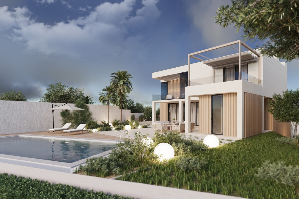 Vue extérieure de la villa: piscine avec chaises longues, jardin illuminé et façade avec bardage bois.