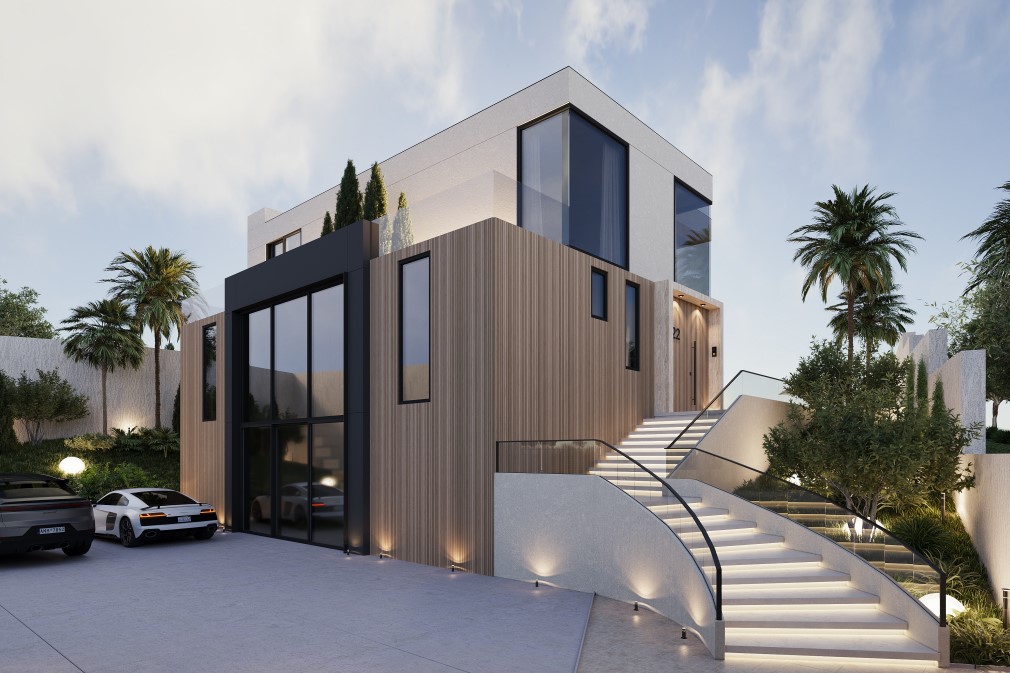 Vue extérieure d'une villa moderne avec façade en bois, accès graduel illuminé et aménagement paysager tropical.