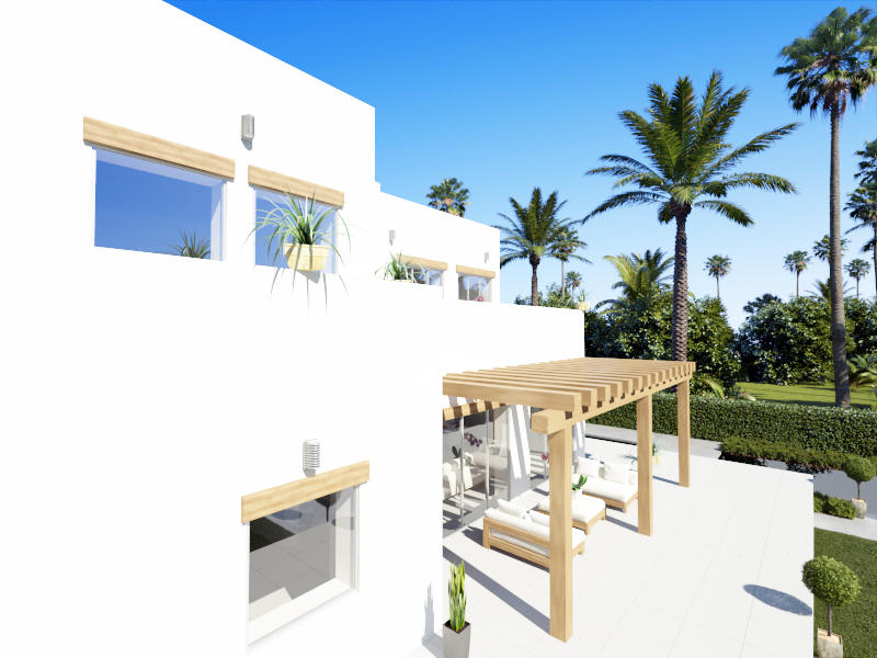 Façade blanche moderne avec linteaux en bois, pergola en bois sur terrasse aménagée et jardin paysager agrémenté de palmiers sous un ciel dégagé.