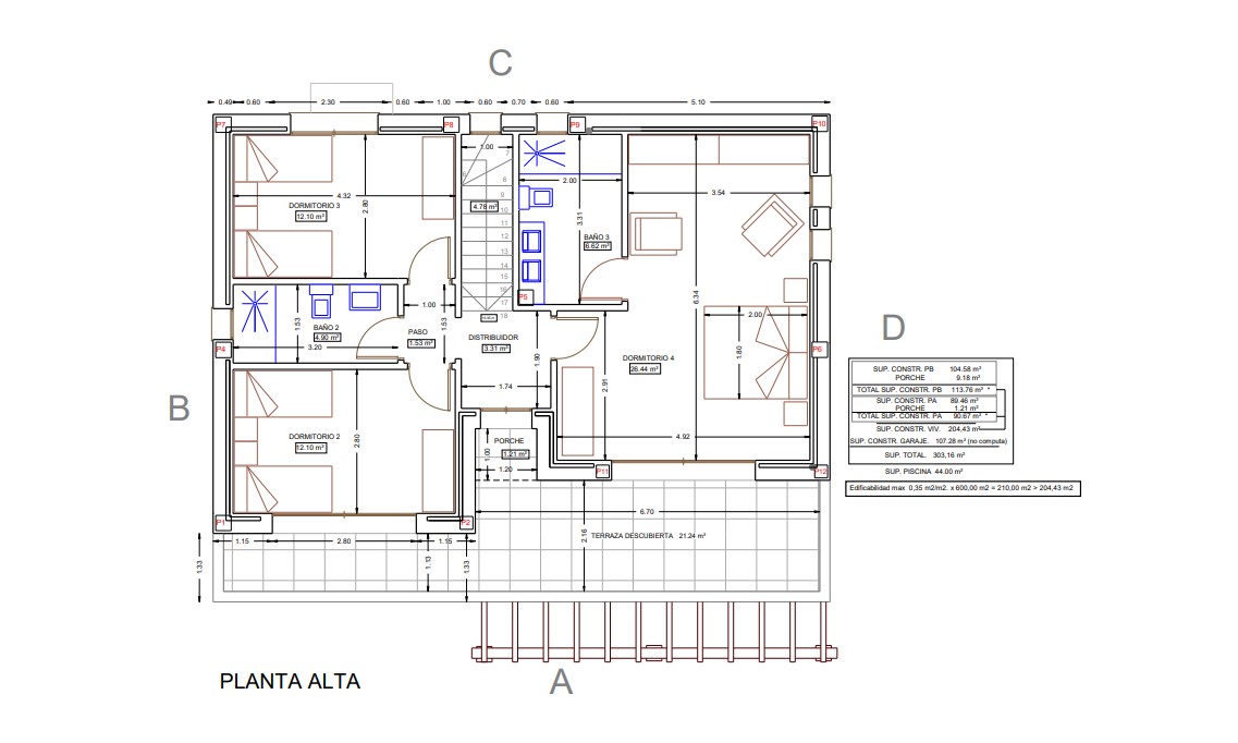 Plan d'architecte de l'étage supérieur montrant trois chambres, deux salles de bains et une terrasse de 21 m² accessible depuis la suite principale.