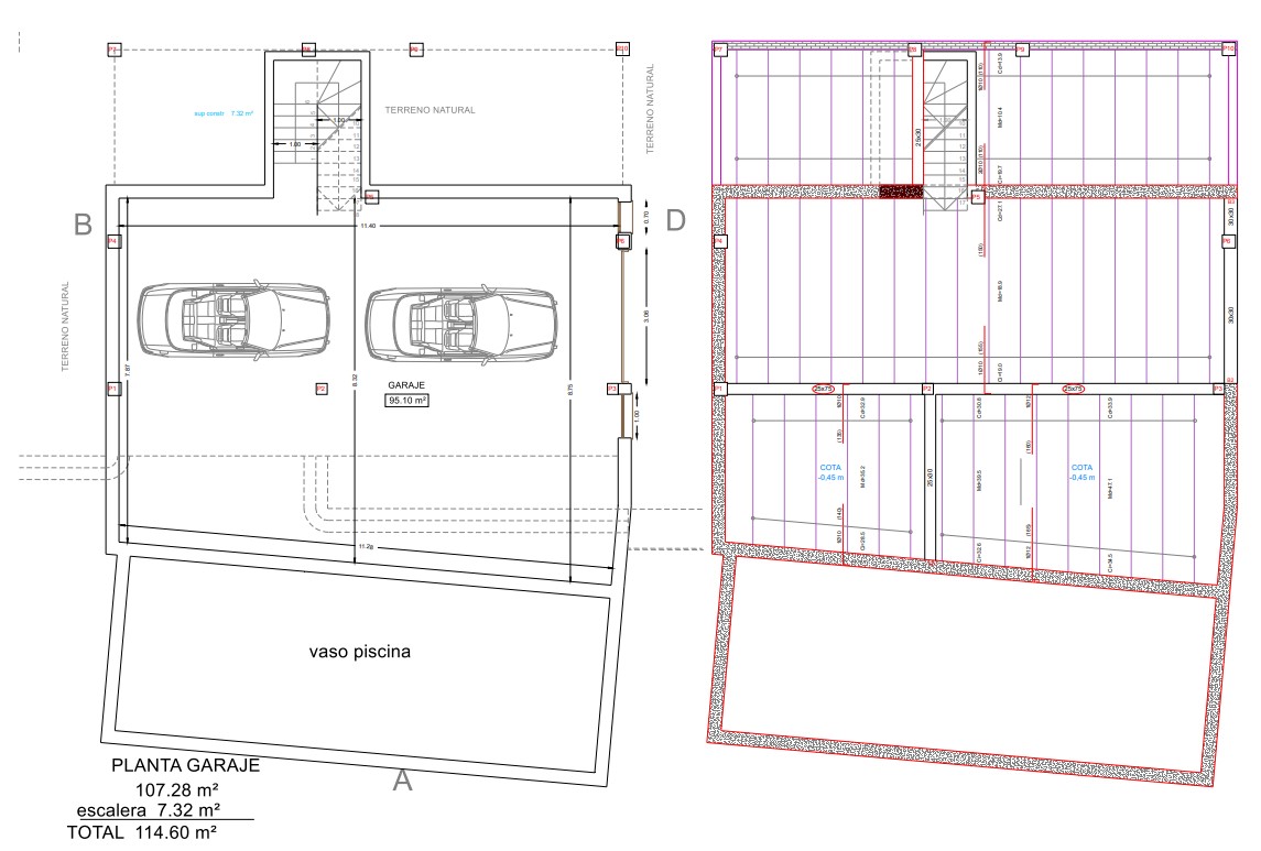 Plan technique du sous-sol détaillant un vaste garage de 95 m², l'accès par escalier et l'emplacement du bassin de la piscine.