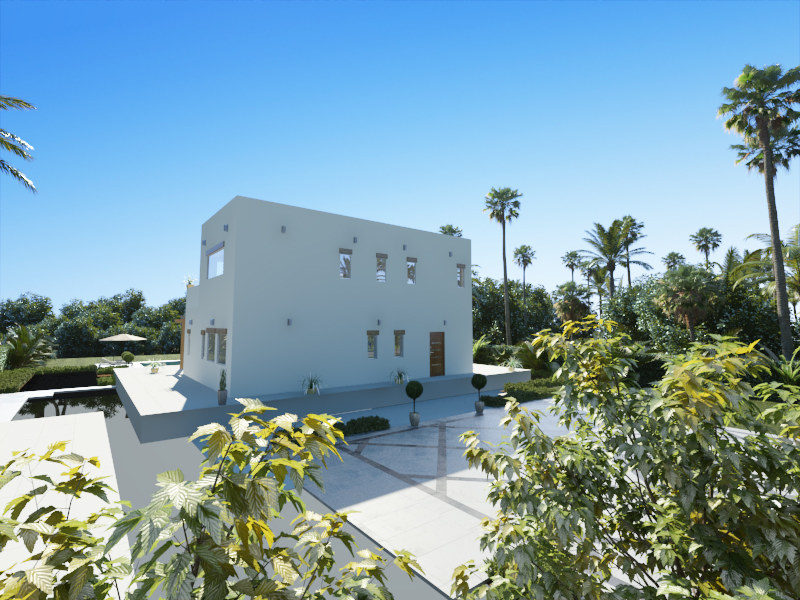 Rendu extérieur de la villa moderne avec façade blanche, fenêtres minimalistes et une allée pavée entourée de palmiers et d'une végétation dense.