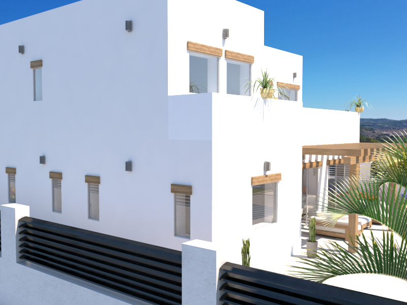 Rendu extérieur de la villa moderne avec façade blanche, linteaux en bois et une pergola en bois abritant l'espace de vie extérieur.