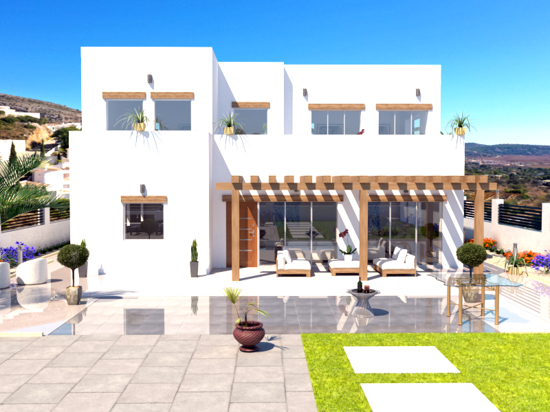 Rendu extérieur d'une villa moderne blanche à deux niveaux avec pergola en bois, vaste terrasse carrelée et vue dégagée sur la vallée environnante.