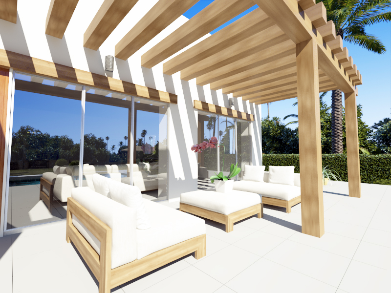 Terrasse extérieure avec pergola en bois massif, mobilier de salon moderne aux coussins blancs et grandes baies vitrées reflétant le jardin environnant.