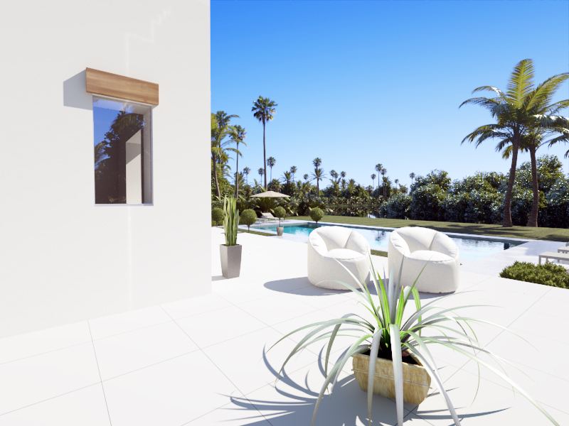 Terrasse extérieure en carrelage blanc avec fauteuils modernes, piscine et jardin méditerranéen paysager agrémenté de grands palmiers.