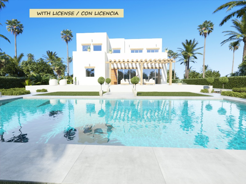 Villa moderne de deux étages avec façade blanche, grande piscine turquoise et terrasse sous pergola en bois, entourée d'un jardin paysager avec palmiers.