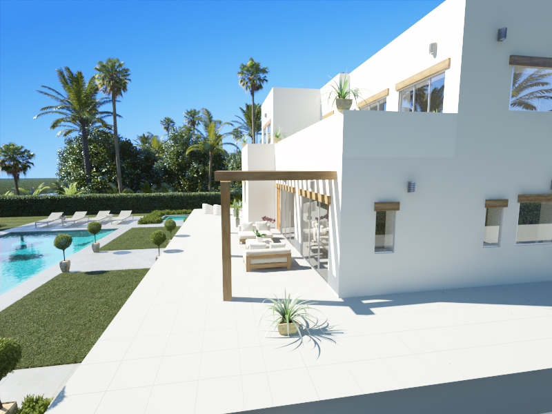 Vue extérieure de la villa moderne avec façade blanche, vaste terrasse carrelée, pergola en bois et piscine entourée de jardins soignés et de palmiers.