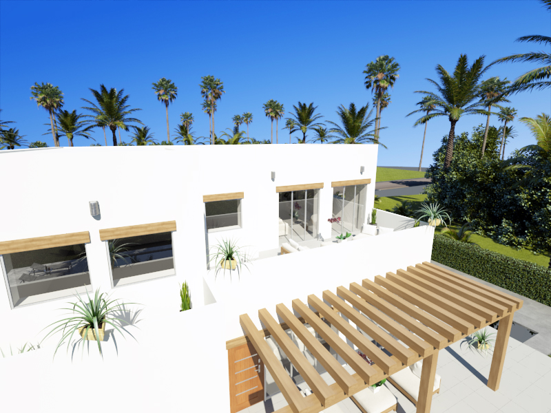 Vue extérieure de l'étage supérieur montrant une façade blanche épurée, des linteaux en bois et une terrasse ensoleillée avec mobilier de détente.