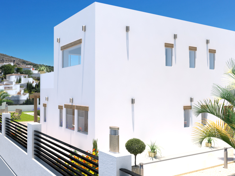 Vue extérieure d'une villa moderne aux lignes cubiques blanches, avec des fenêtres rectangulaires soulignées de bois et une clôture à lames noires.