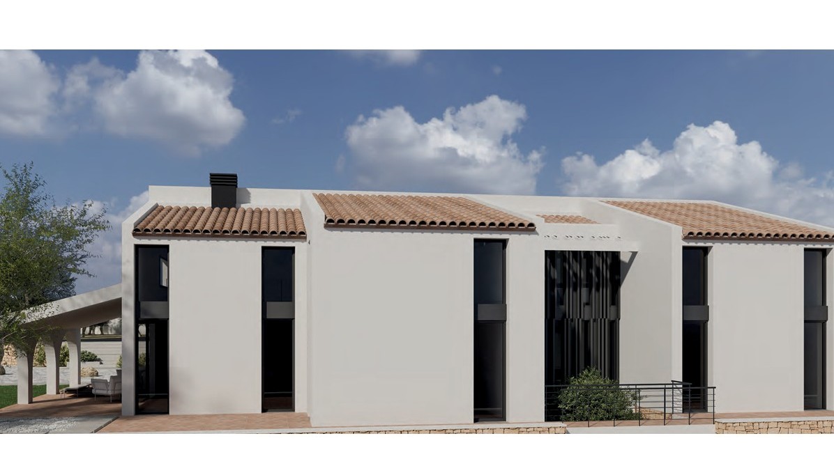 Façade extérieure de style finca moderne avec murs blancs, toits en tuiles terre cuite et fenêtres verticales aux cadres sombres.