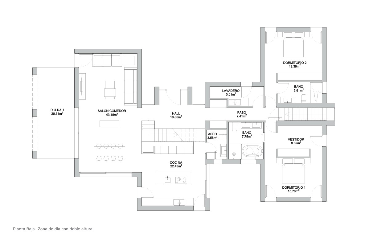 Plan détaillé du rez-de-chaussée illustrant la disposition du salon-salle à manger, de la cuisine avec îlot, de deux chambres en suite et du porche riu-rau.