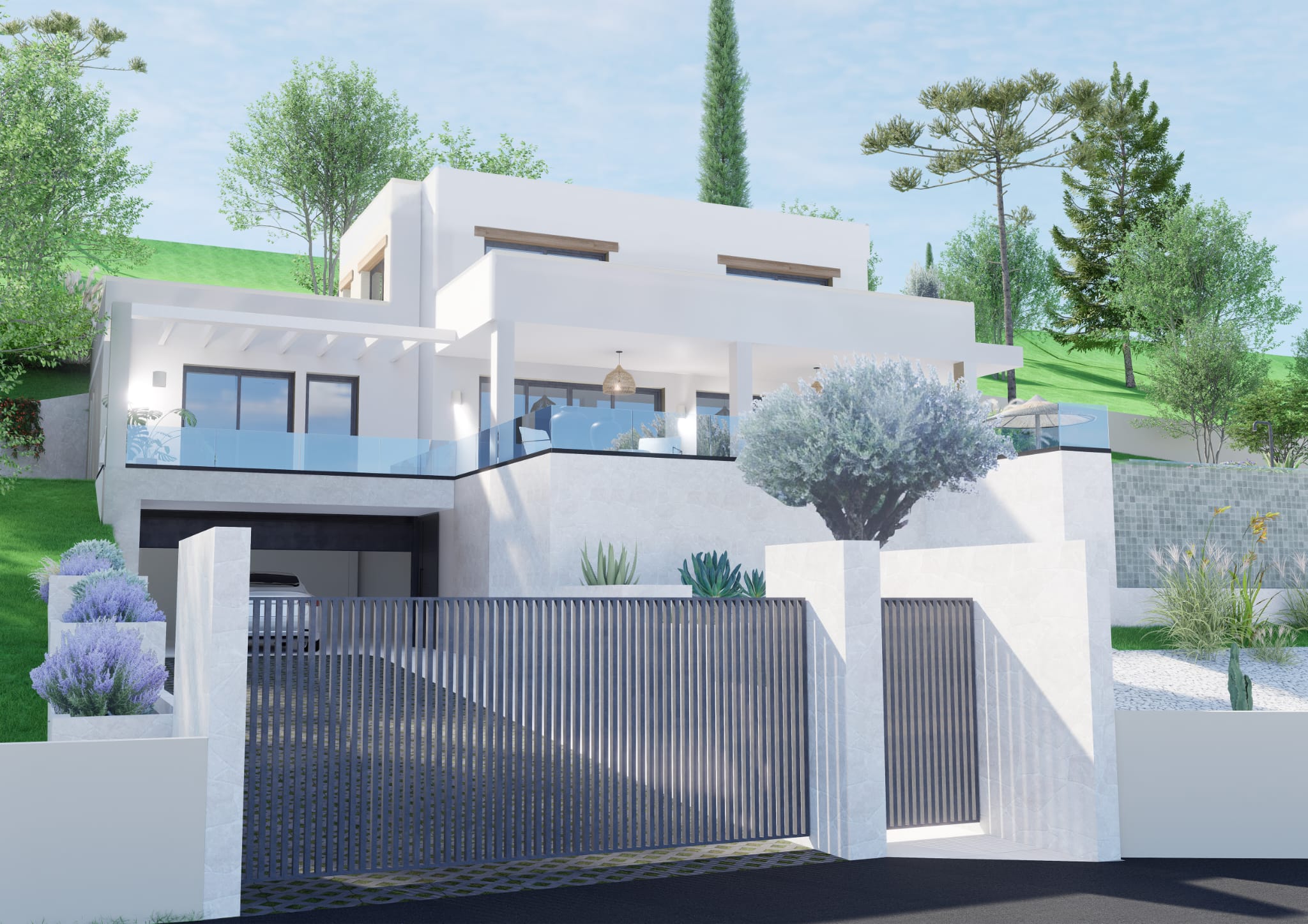 Façade moderne avec portail en lames grises, murs en pierre blanche et garage double. La villa dispose de terrasses avec garde-corps en verre et d'un jardin méditerranéen soigné.