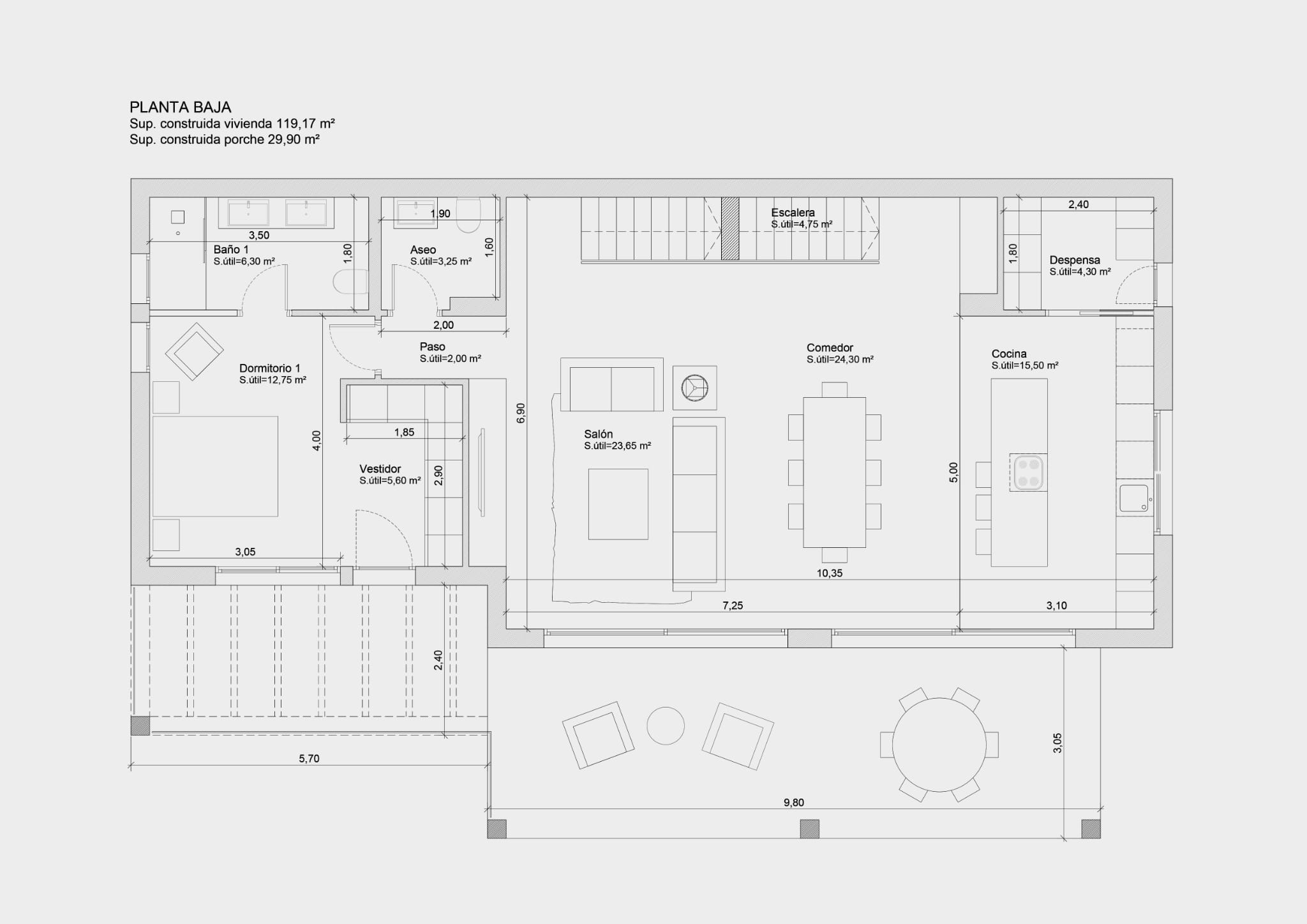 Plan détaillé du rez-de-chaussée illustrant l'espace de vie ouvert, la cuisine avec îlot, la suite parentale avec dressing et la grande terrasse couverte.