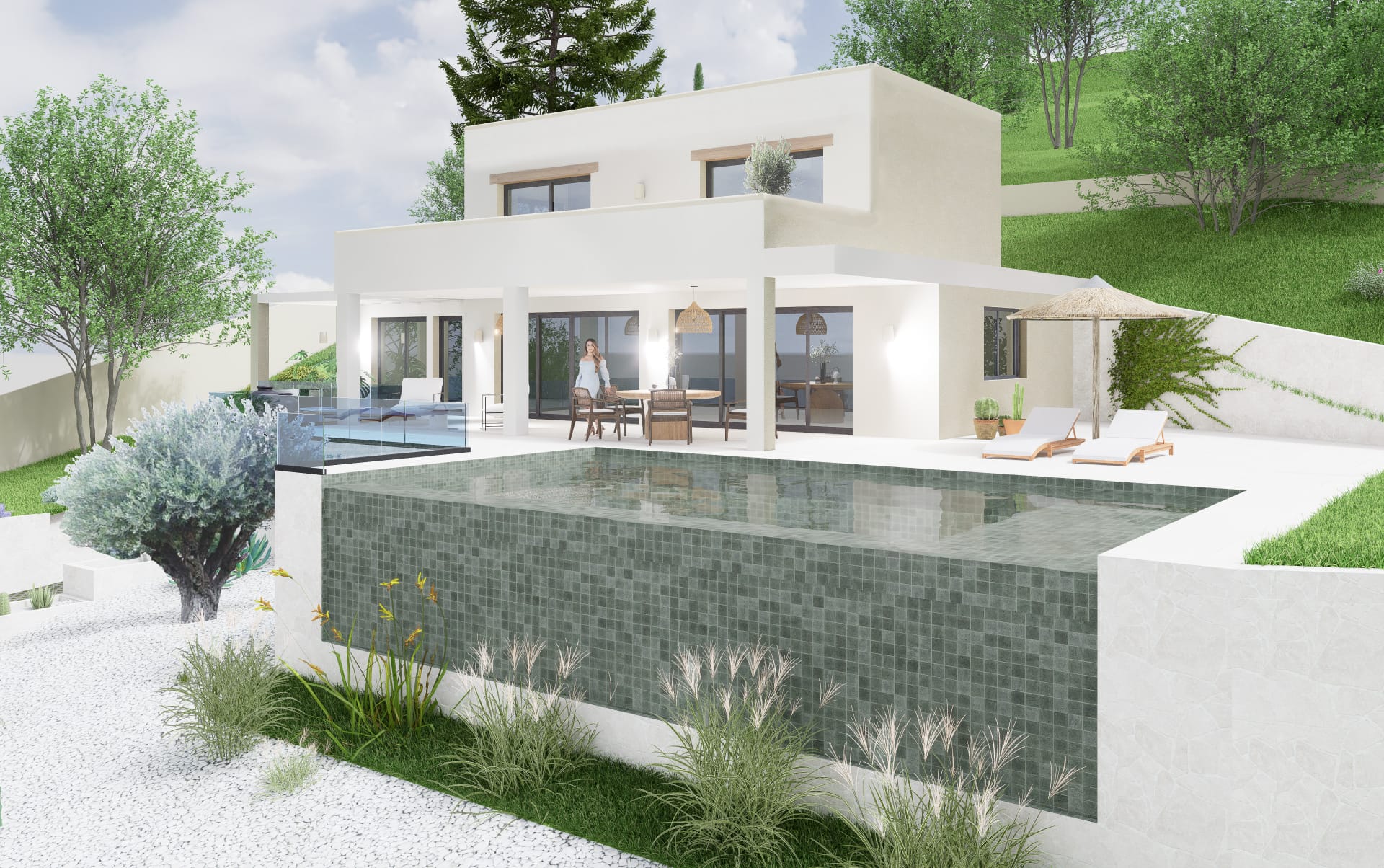 Vue extérieure de la villa avec piscine à débordement en mosaïque verte et terrasse blanche. L'architecture minimaliste propose un porche couvert et un jardin paysager.