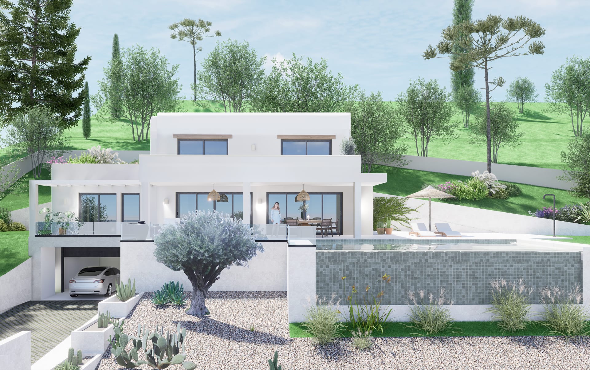 Vue extérieure de la villa moderne avec façade blanche, piscine à débordement en mosaïque grise, jardin méditerranéen et garage intégré en sous-sol.