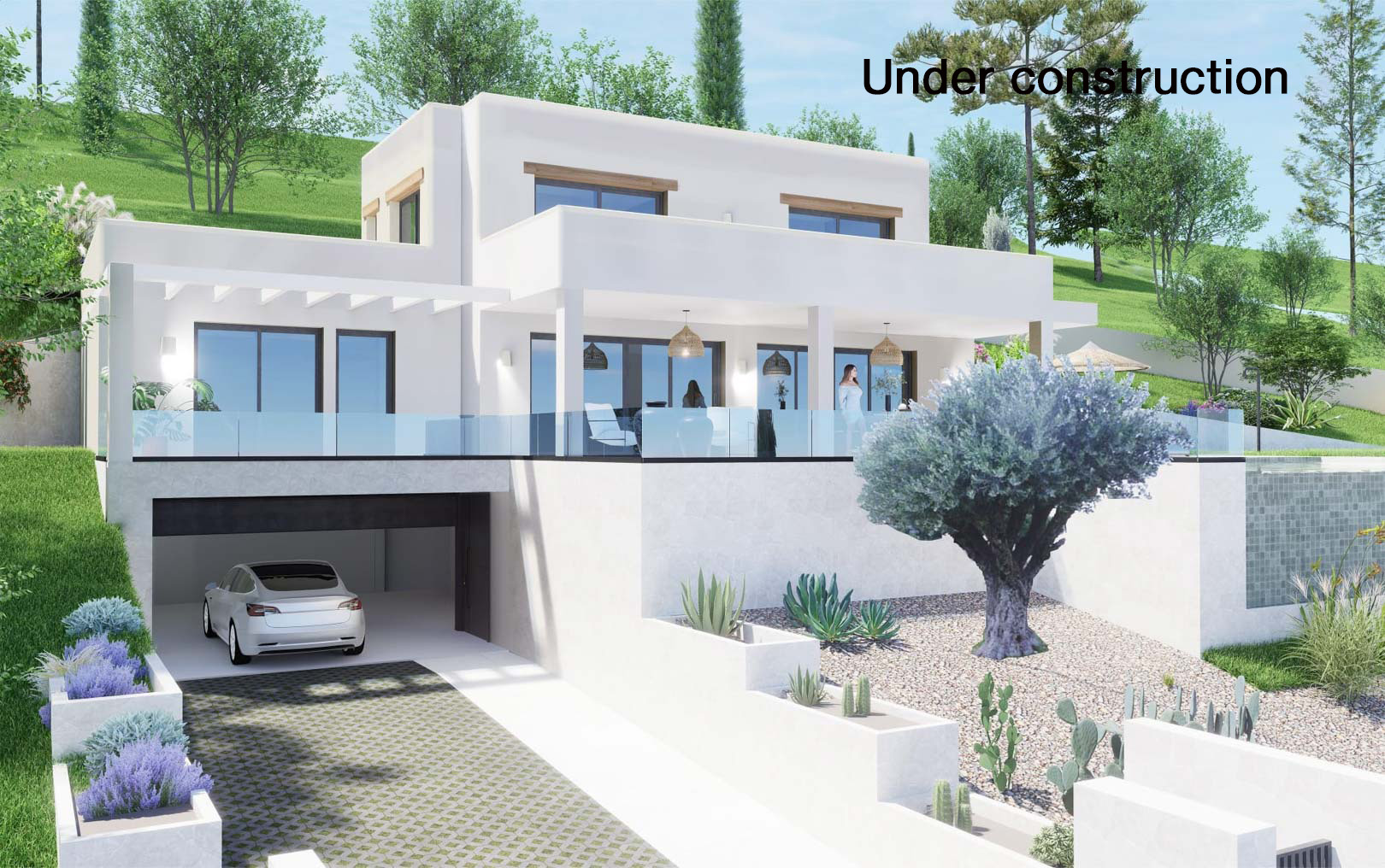 Vue extérieure de la villa moderne avec façade blanche, vastes terrasses avec garde-corps en verre, jardin méditerranéen et garage double intégré en sous-sol.