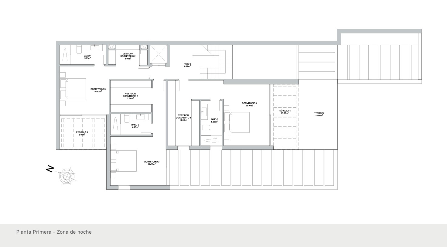 Plan technique du premier étage présentant l'espace nuit avec trois chambres en suite, dressings privés et accès aux terrasses et pergolas extérieures.