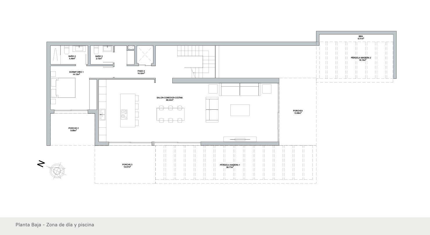 Plan technique du rez-de-chaussée présentant un séjour-cuisine ouvert de 68m², une chambre avec salle de bain, divers porches et un espace barbecue.