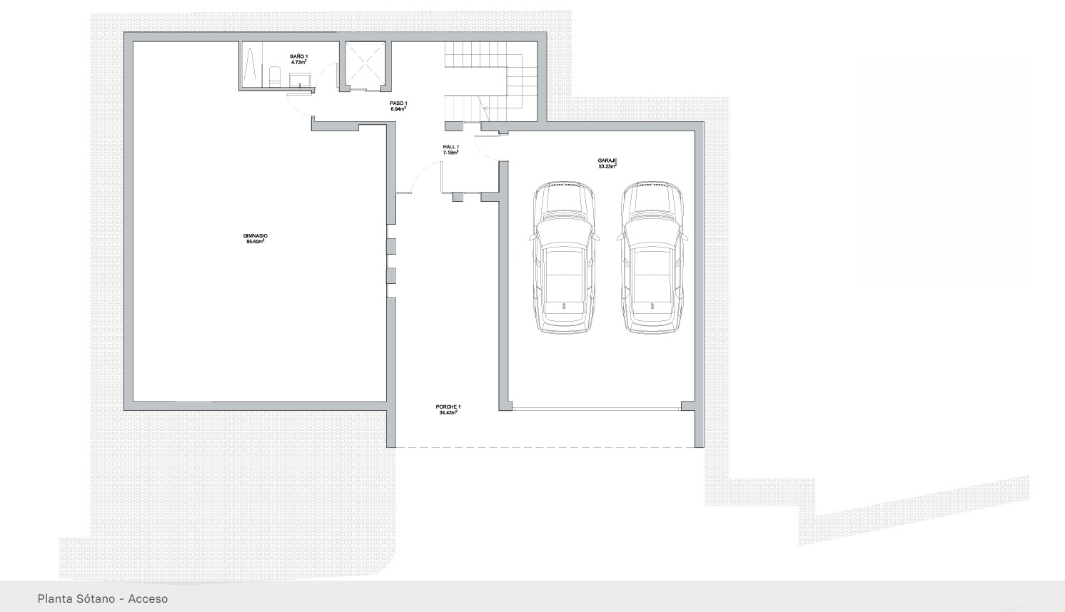 Plan technique du sous-sol illustrant un garage pour deux voitures, une salle de sport de 85 m², une salle de bain et l'accès par escalier ou ascenseur.