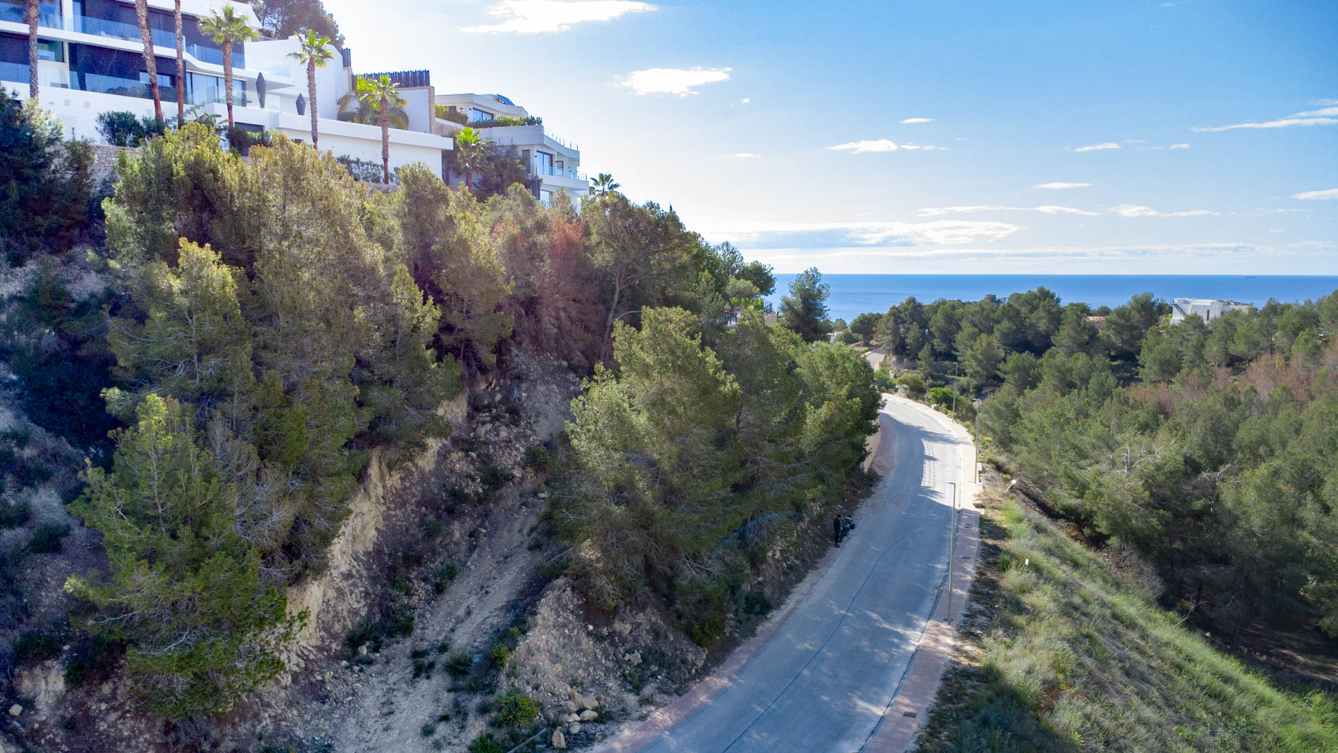 Vue aérienne de la route d'accès à Racó de Galeno, illustrant le versant boisé de pins et les villas contemporaines face à la mer Méditerranée.