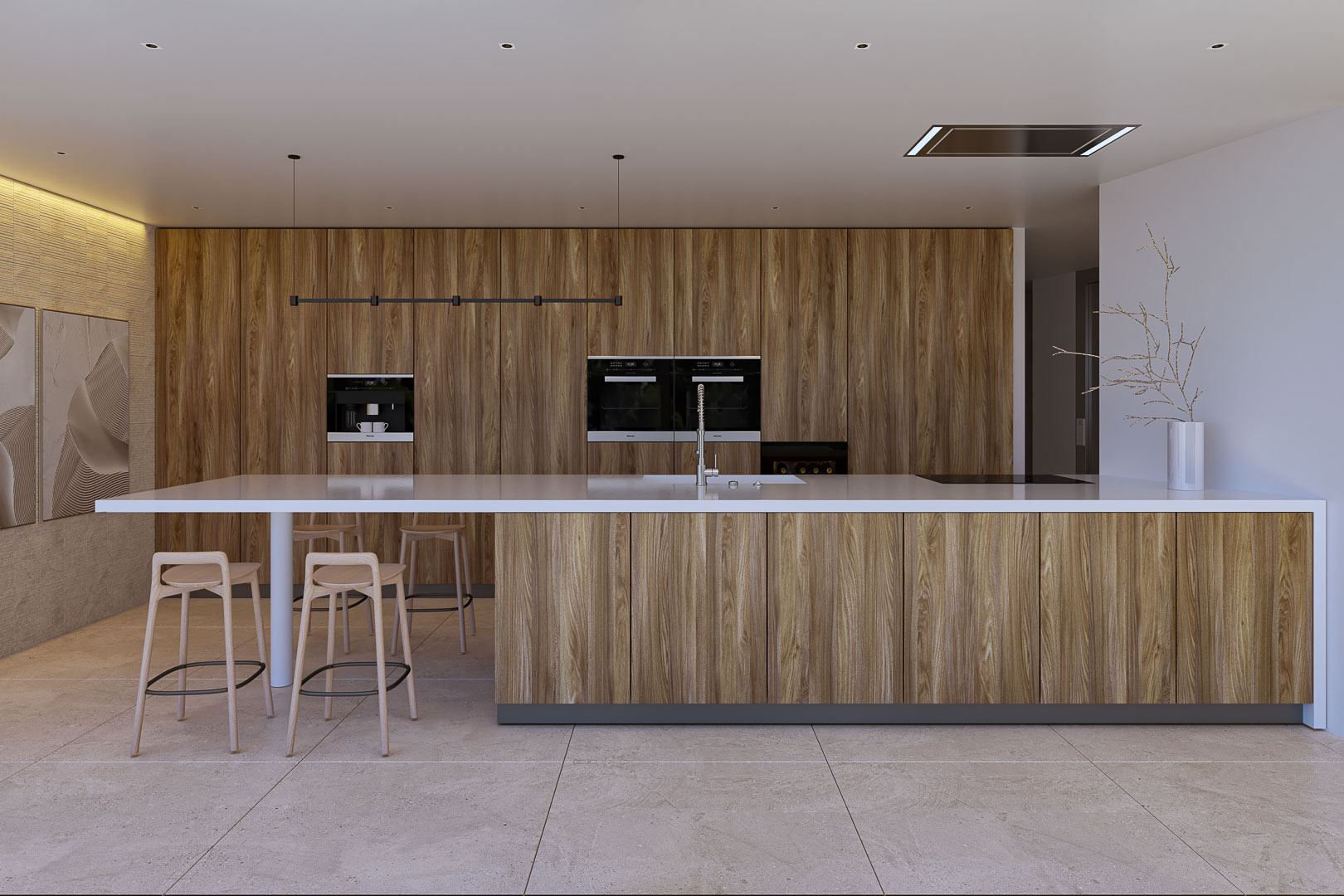 Cuisine de design avec îlot central à plan de travail blanc, menuiserie en bois naturel et électroménagers intégrés. Tabourets minimalistes et sol en pierre grand format.